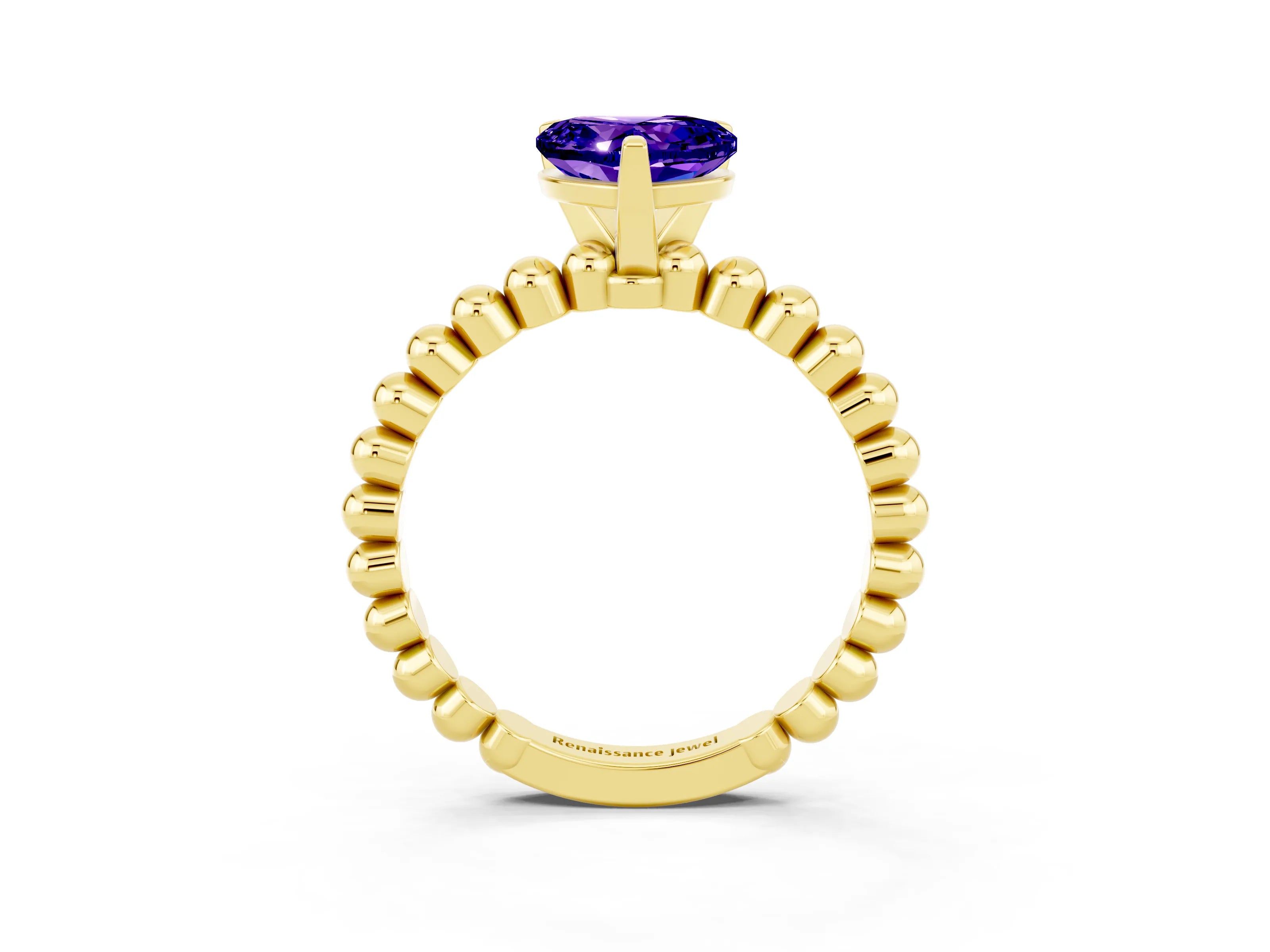 Yellow gold Heart Cut Tanzanite Solitaire Ring with Beaded Band and Prong Setting_3