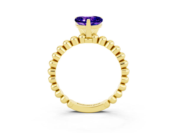 Yellow gold Heart Cut Tanzanite Solitaire Ring with Beaded Band and Prong Setting