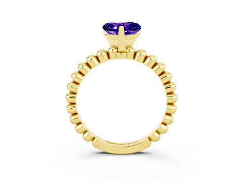 Yellow gold Heart Cut Tanzanite Solitaire Ring with Beaded Band and Prong Setting_3