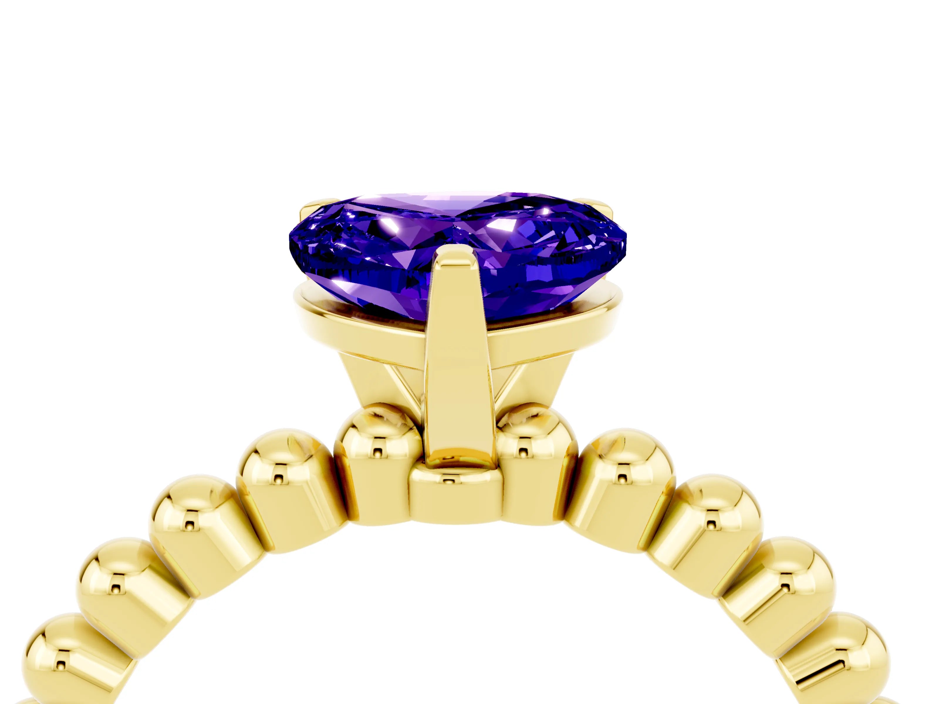 Yellow gold Heart Cut Tanzanite Solitaire Ring with Beaded Band and Prong Setting_4