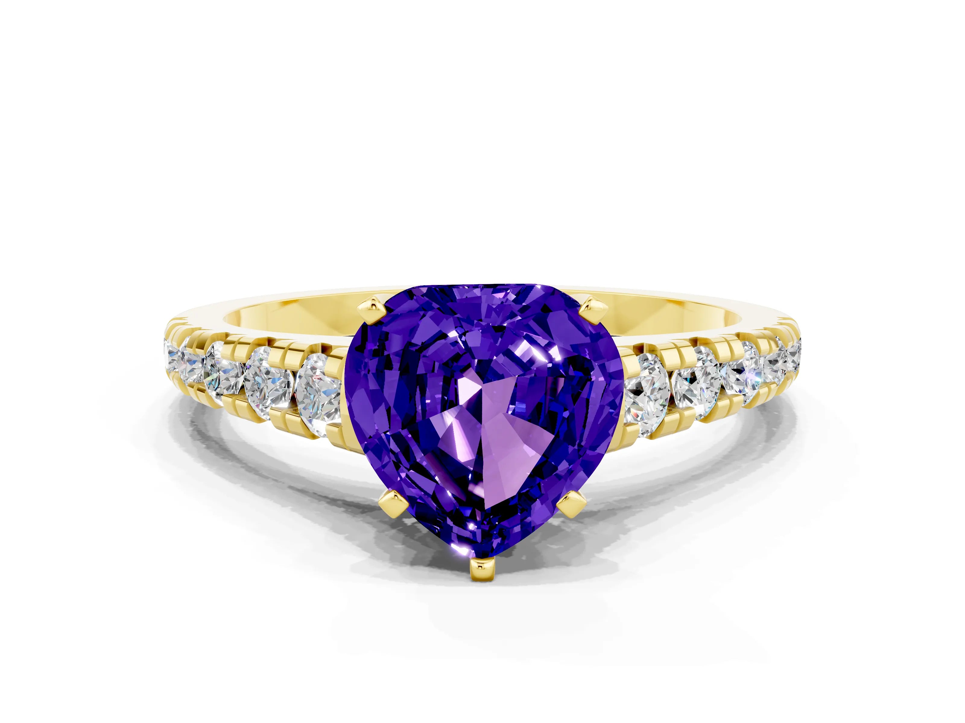 Yellow gold Heart Cut Tanzanite Solitaire Ring with Cathedral Setting and Pavé Band