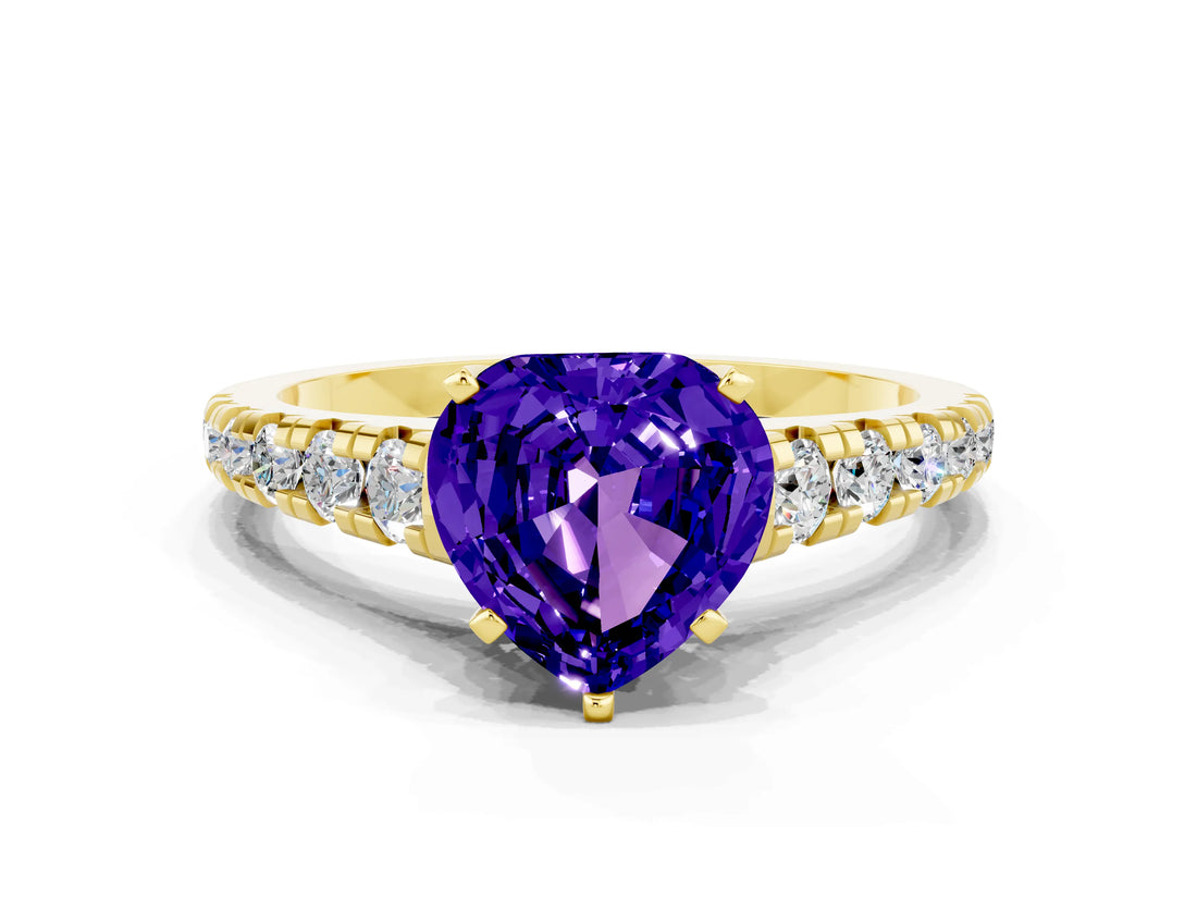 Yellow gold Heart Cut Tanzanite Solitaire Ring with Cathedral Setting and Pavé Band