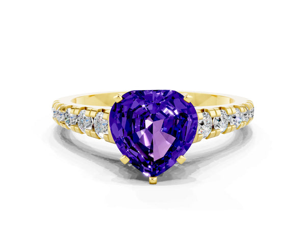 Yellow gold Heart Cut Tanzanite Cathedral Solitaire Ring with Round  Pavé Band