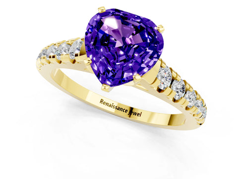 Yellow gold Heart Cut Tanzanite Solitaire Ring with Cathedral Setting and Pavé Band_1