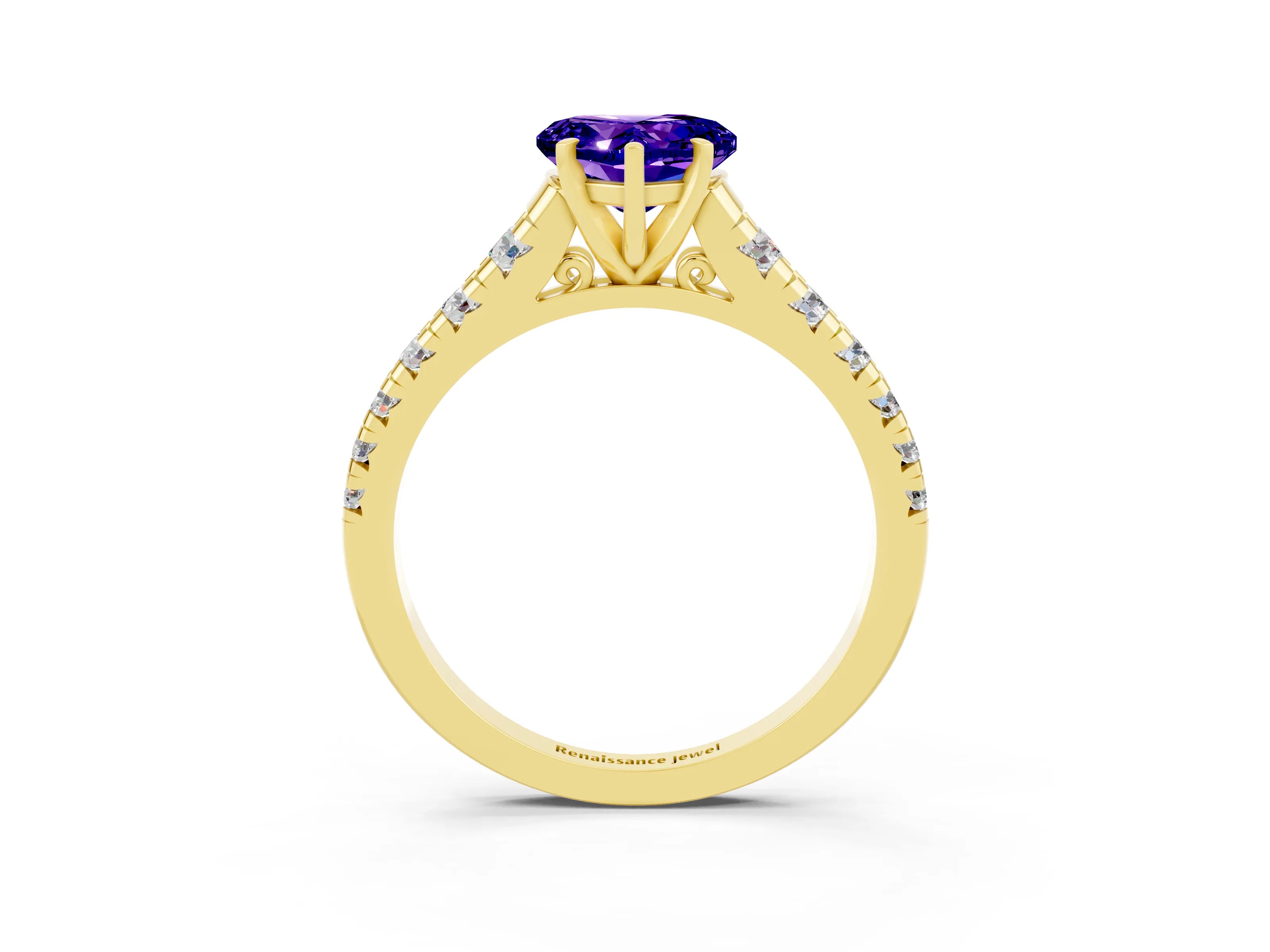 Yellow gold Heart Cut Tanzanite Solitaire Ring with Cathedral Setting and Pavé Band_3