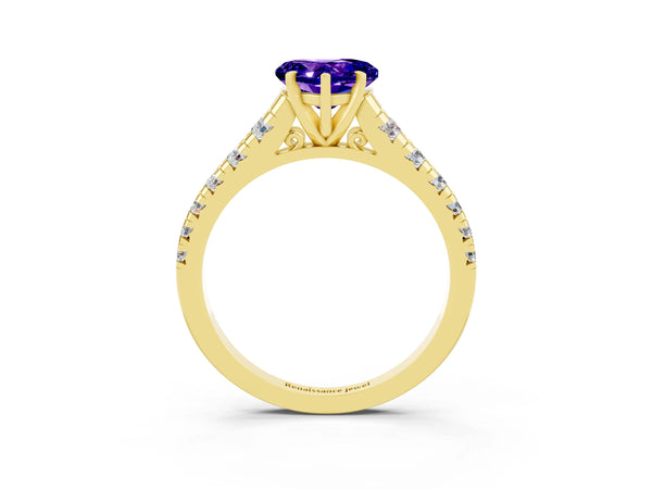 Yellow gold Heart Cut Tanzanite Cathedral Solitaire Ring with Round  Pavé Band