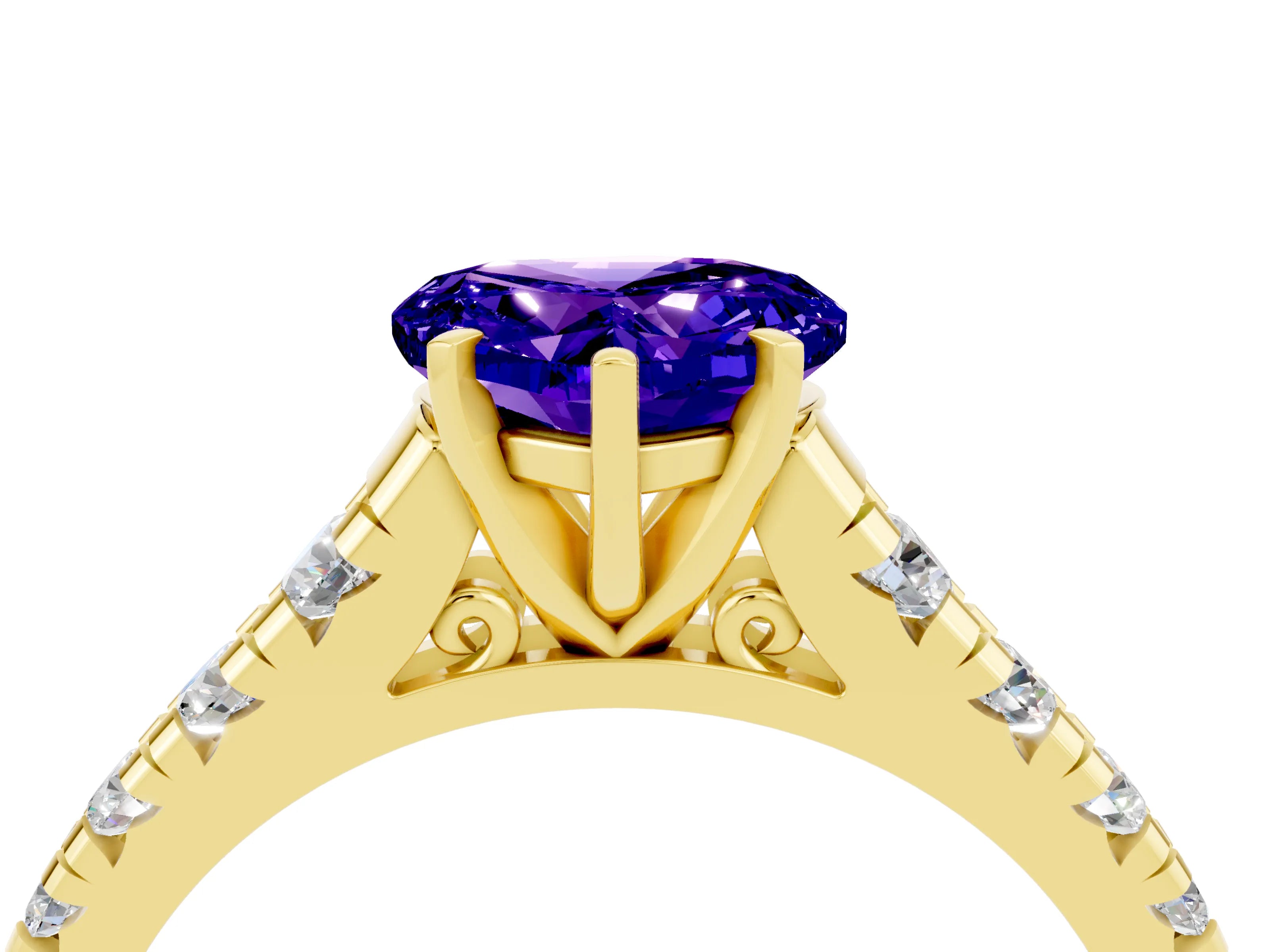 Yellow gold Heart Cut Tanzanite Solitaire Ring with Cathedral Setting and Pavé Band_4