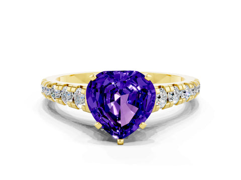Yellow gold Heart Cut Tanzanite Solitaire Ring with Cathedral Setting and Pavé Band