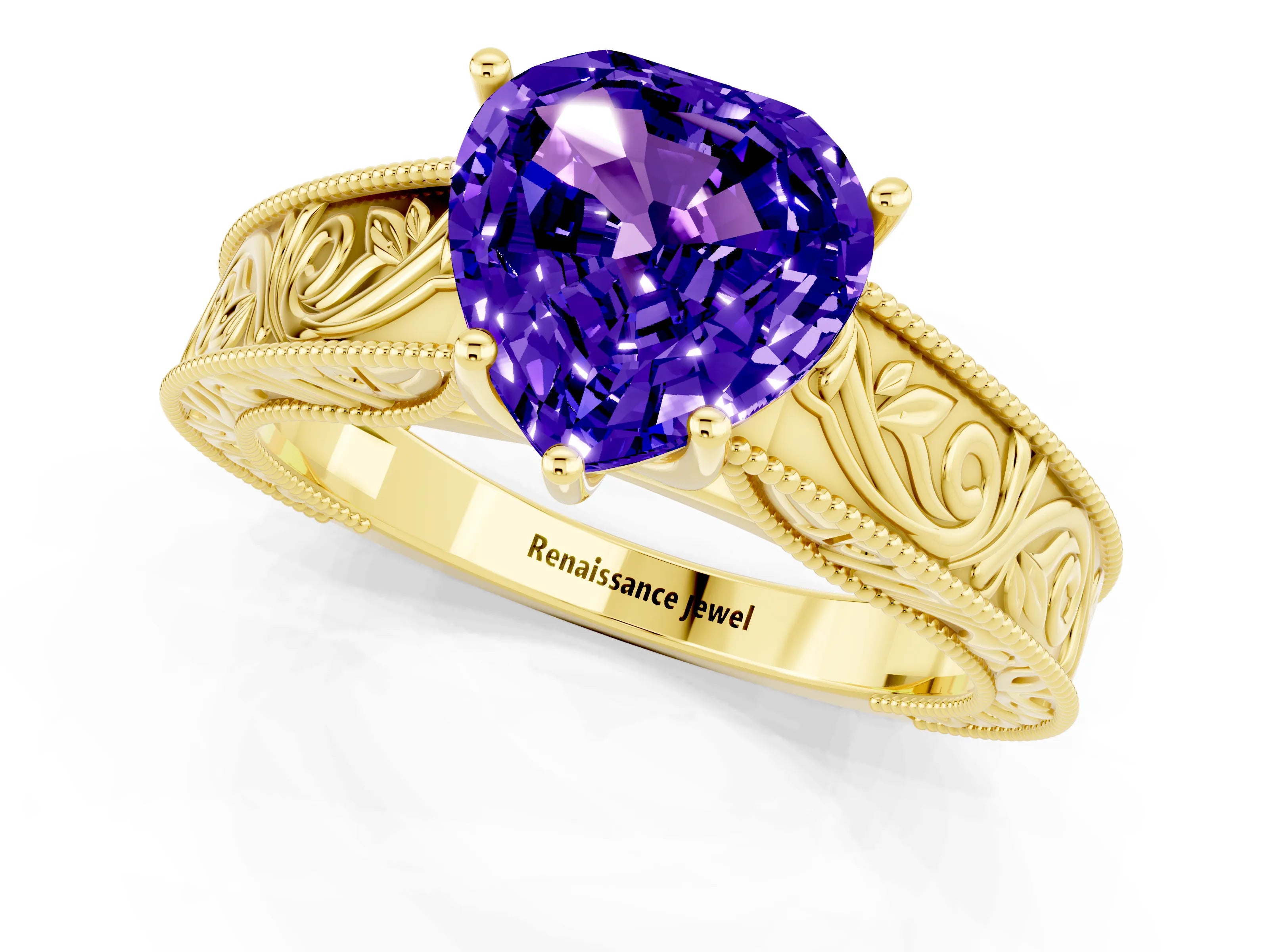 Yellow gold Heart Cut Tanzanite Solitaire Ring with Engraved Band and Four-Prong Setting_1