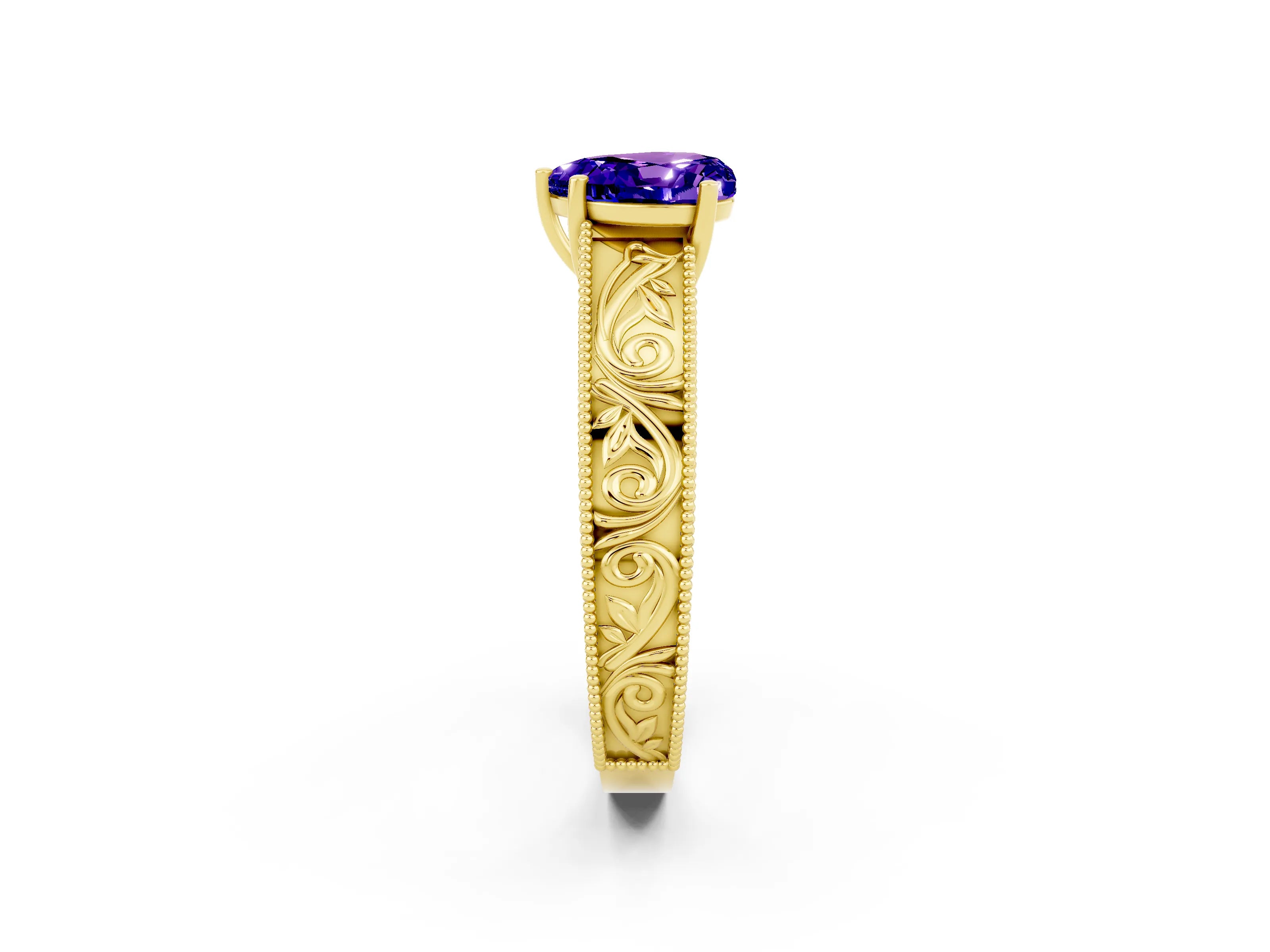 Yellow gold Heart Cut Tanzanite Solitaire Ring with Engraved Band and Four-Prong Setting_2