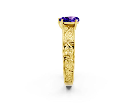 Yellow gold Heart Cut Tanzanite Solitaire Ring with Engraved Band and Four-Prong Setting_2