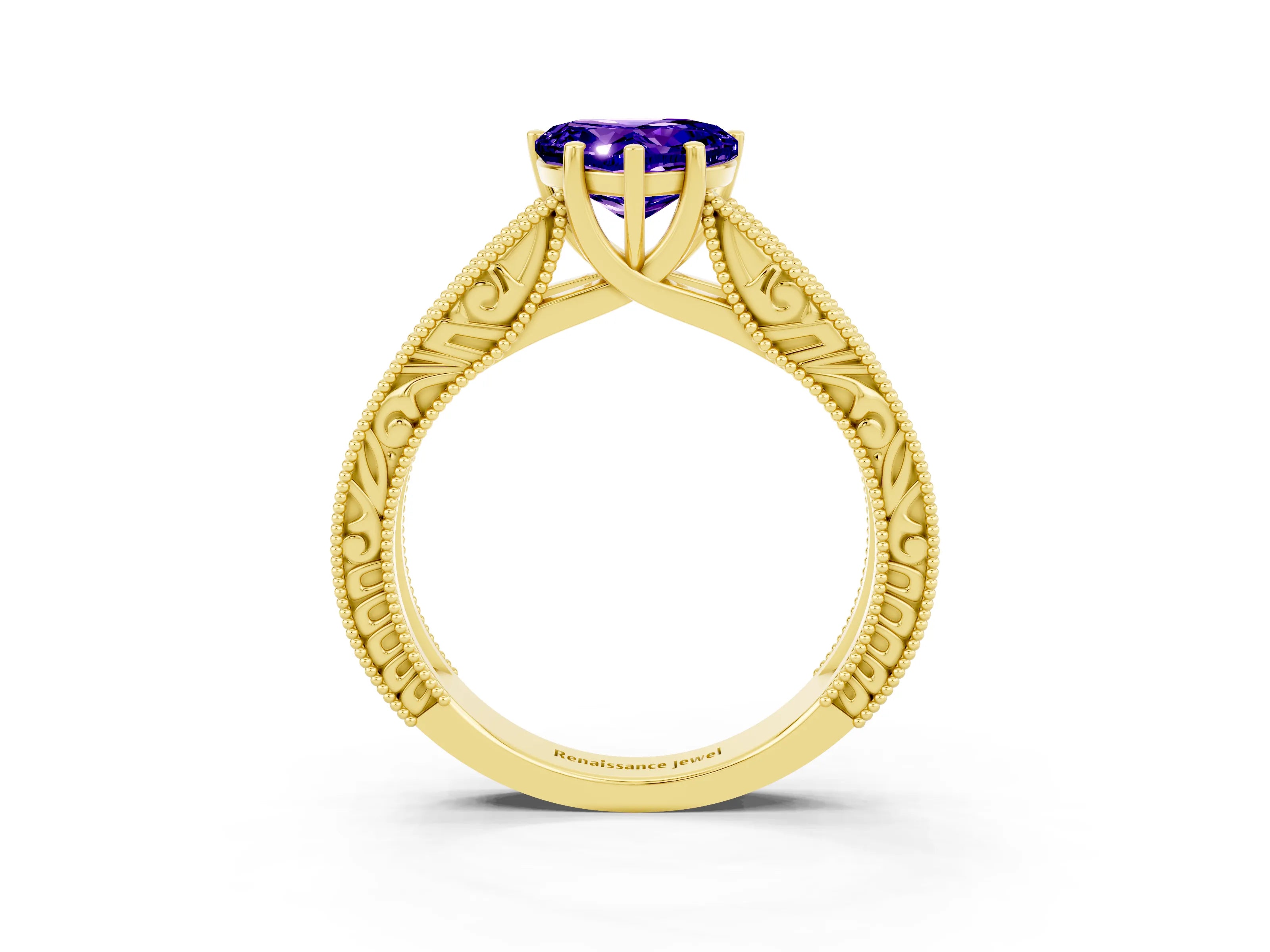 Yellow gold Heart Cut Tanzanite Solitaire Ring with Engraved Band and Four-Prong Setting_3