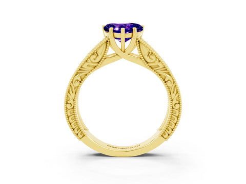 Yellow gold Heart Cut Tanzanite Solitaire Ring with Engraved Band and Four-Prong Setting_3
