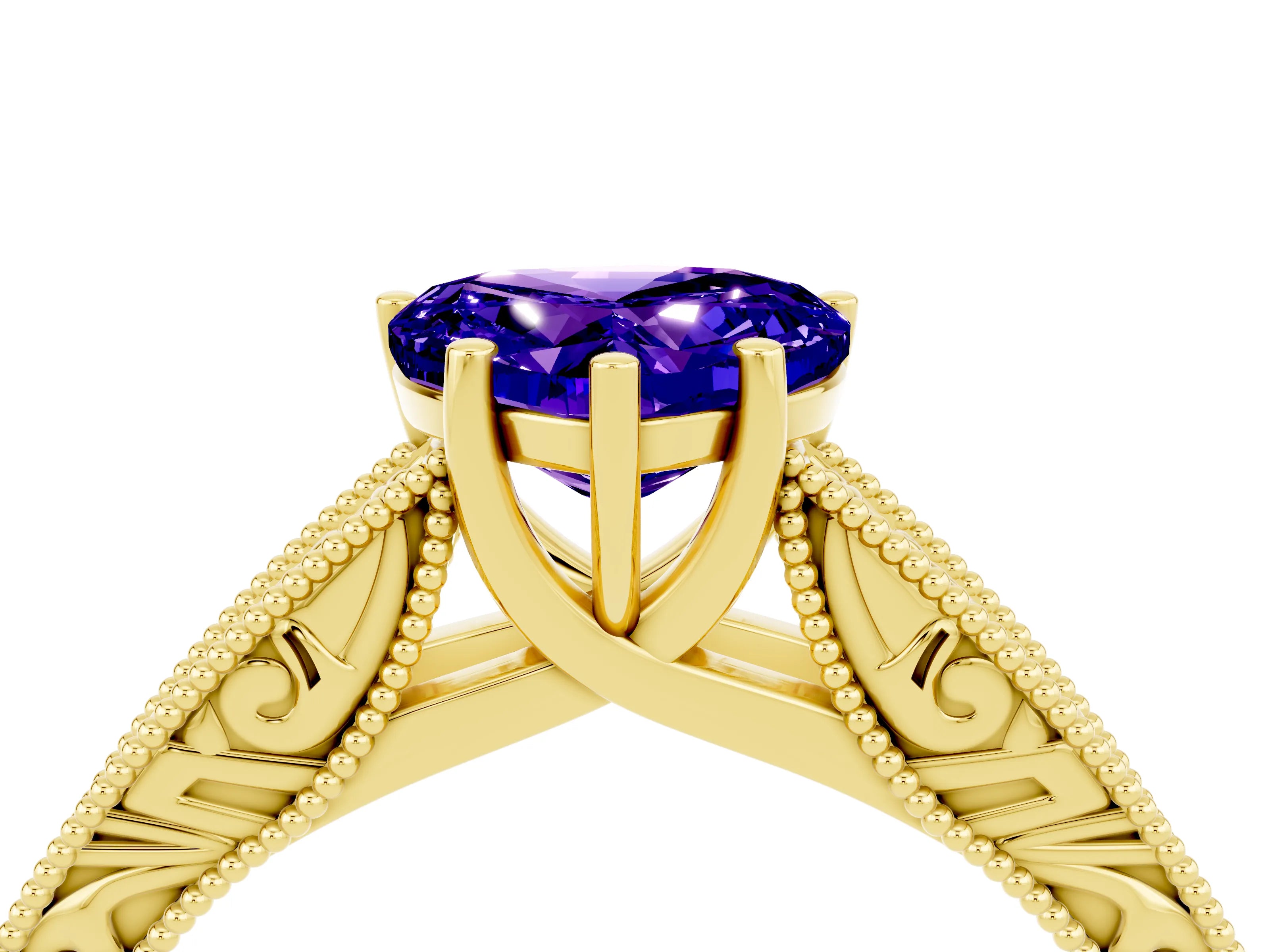 Yellow gold Heart Cut Tanzanite Solitaire Ring with Engraved Band and Four-Prong Setting_4