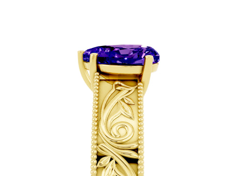 Yellow gold Heart Cut Tanzanite Solitaire Ring with Engraved Band and Four-Prong Setting_5