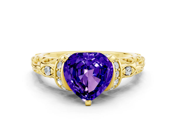 Yellow gold Heart Cut Tanzanite Solitaire Ring with Filigree Band and Four-Prong Setting