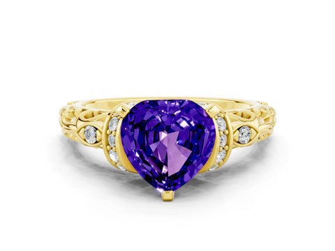 Yellow gold Heart Cut Tanzanite Solitaire Ring with Filigree Band and Four-Prong Setting_24