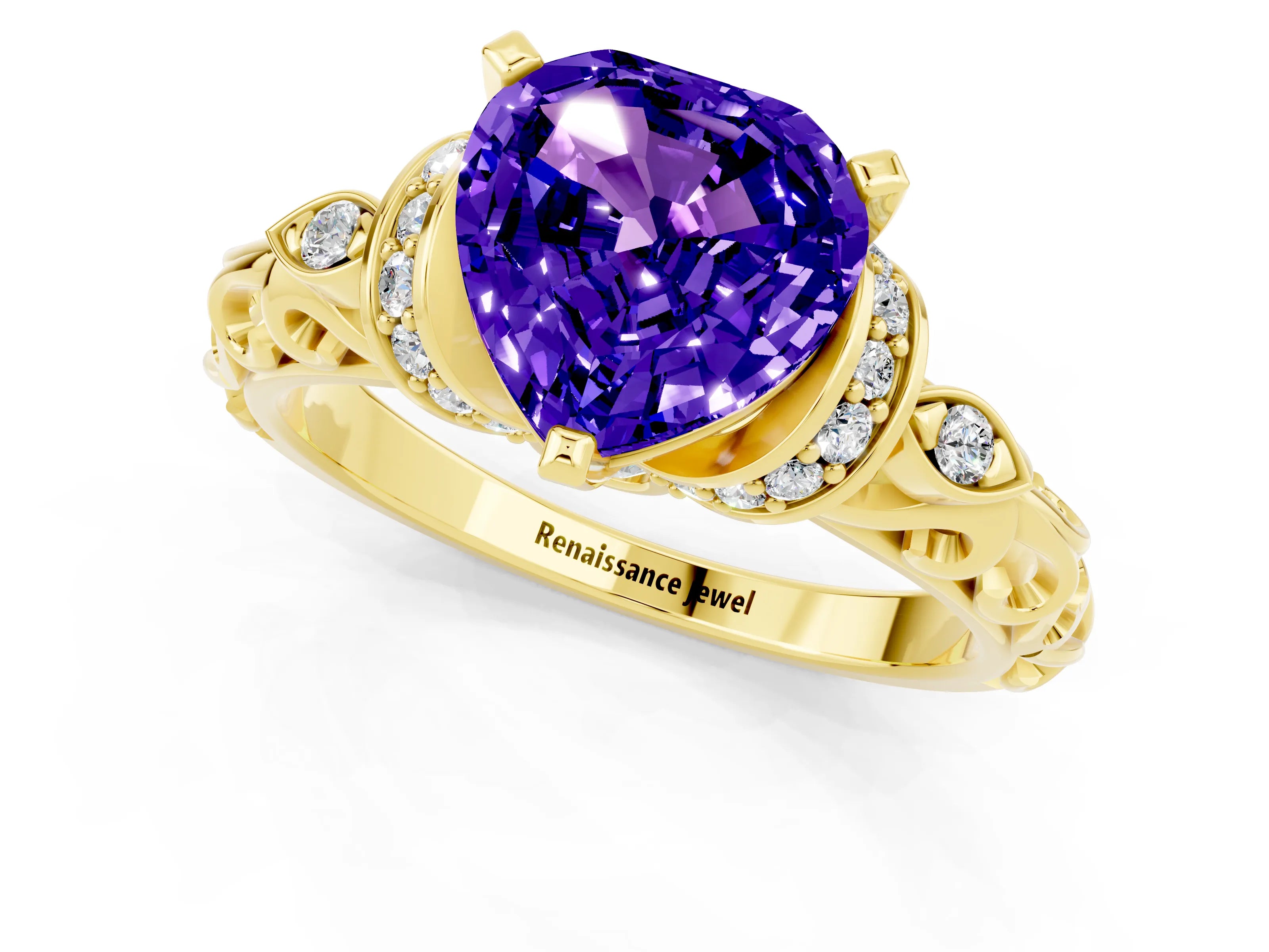 Yellow gold Heart Cut Tanzanite Solitaire Ring with Filigree Band and Four-Prong Setting_25