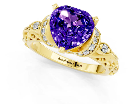 Yellow gold Heart Cut Tanzanite Solitaire Ring with Filigree Band and Four-Prong Setting_25