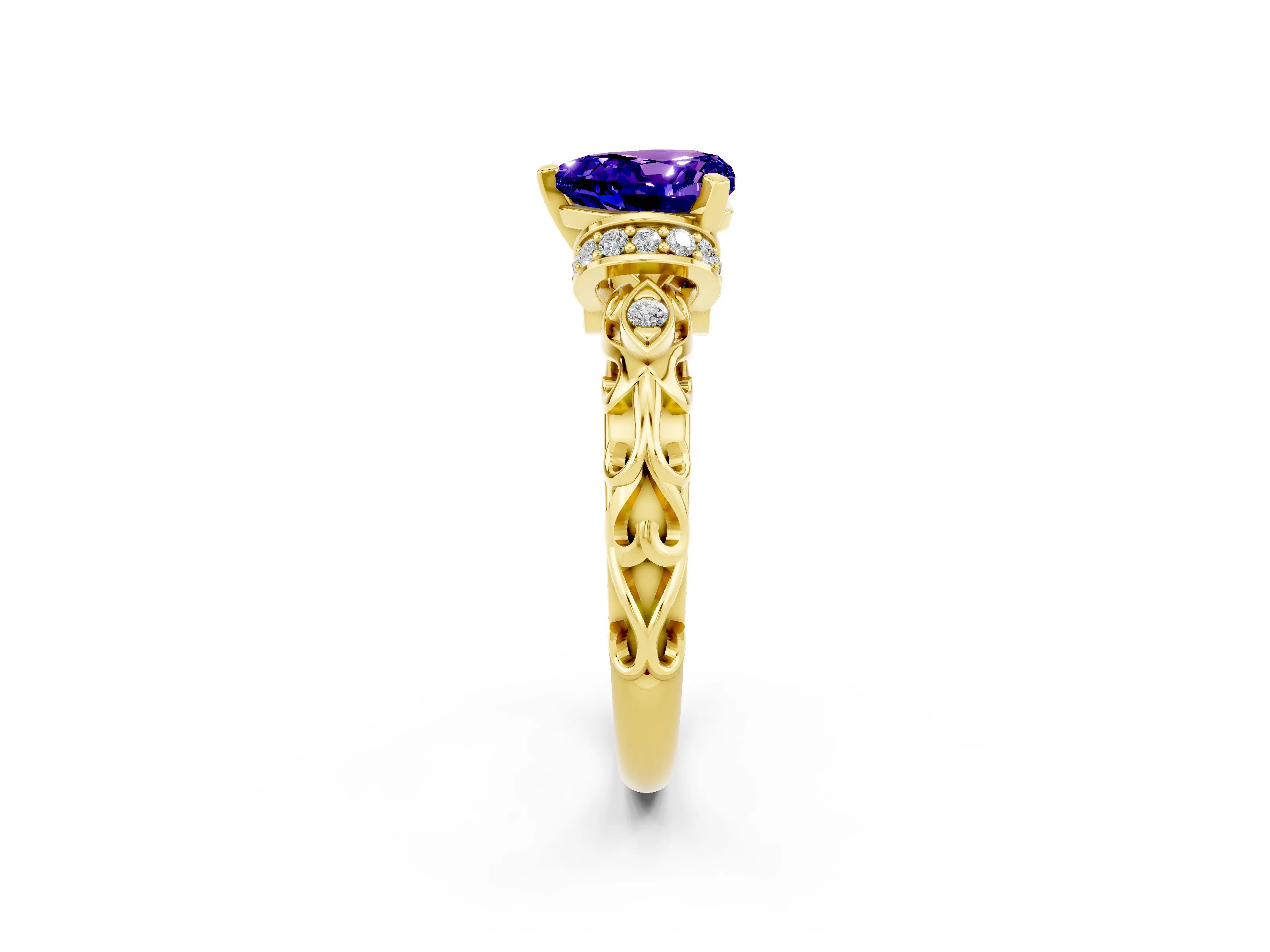 Yellow gold Heart Cut Tanzanite Solitaire Ring with Filigree Band and Four-Prong Setting_26
