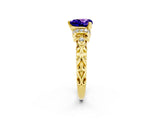 Yellow gold Heart Cut Tanzanite Solitaire Ring with Filigree Band and Four-Prong Setting_26