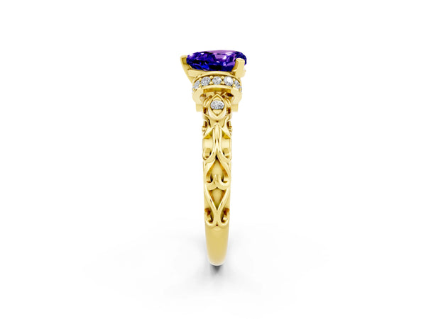Yellow gold Heart Cut Tanzanite Solitaire Ring with Filigree Band and Four-Prong Setting