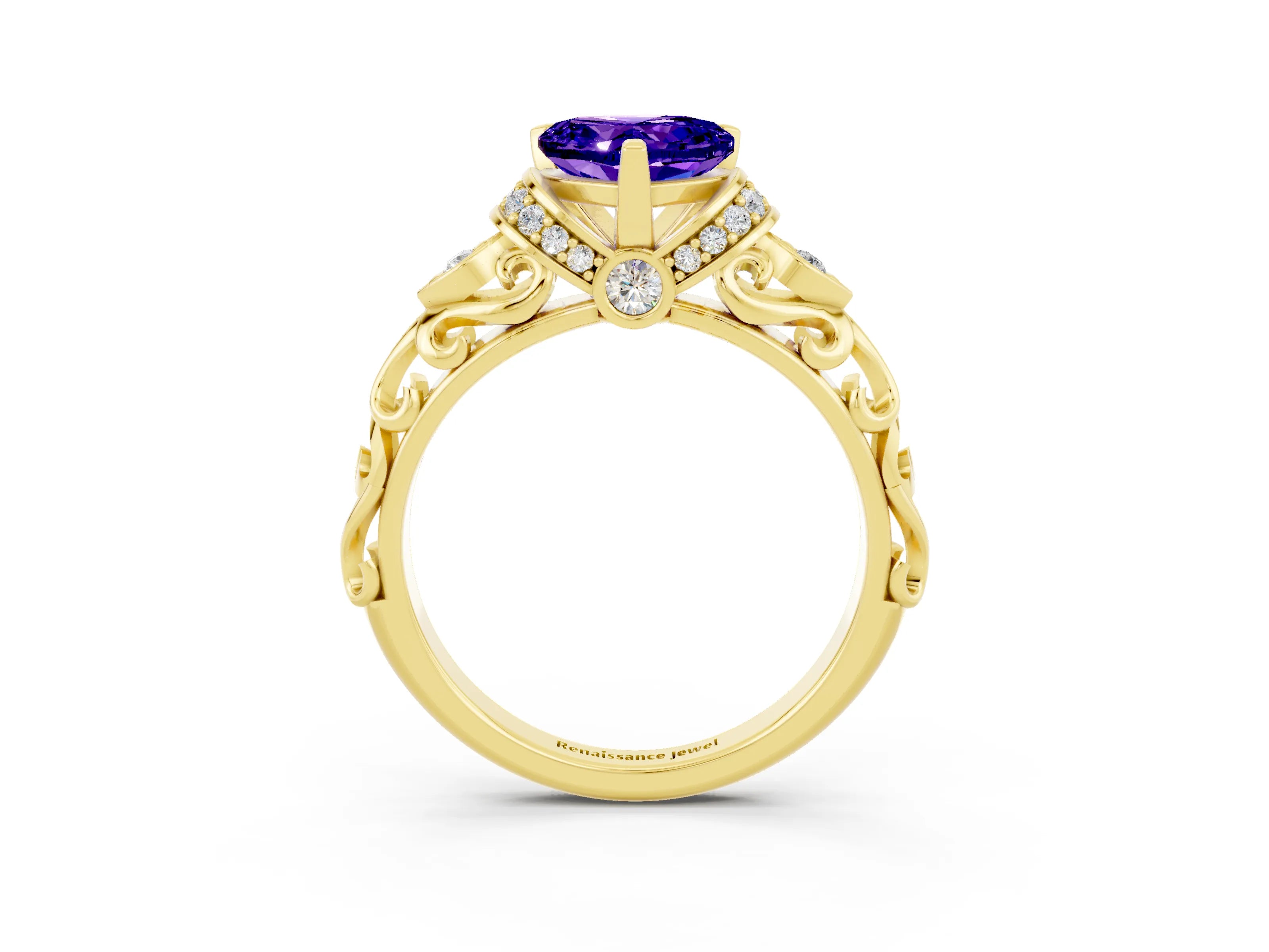 Yellow gold Heart Cut Tanzanite Solitaire Ring with Filigree Band and Four-Prong Setting_27