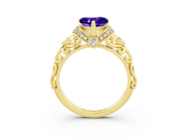 Yellow gold Heart Cut Tanzanite Solitaire Ring with Filigree Band and Four-Prong Setting