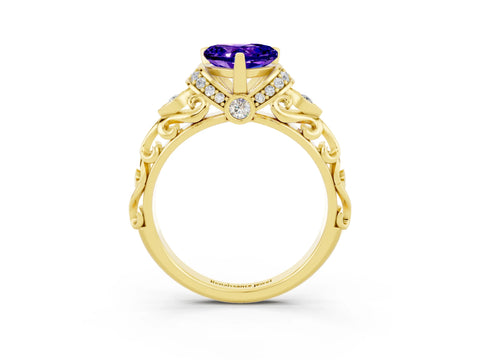 Yellow gold Heart Cut Tanzanite Solitaire Ring with Filigree Band and Four-Prong Setting_27