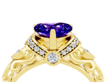 Yellow gold Heart Cut Tanzanite Solitaire Ring with Filigree Band and Four-Prong Setting_28