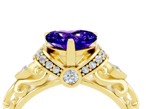 Yellow gold Heart Cut Tanzanite Solitaire Ring with Filigree Band and Four-Prong Setting_28