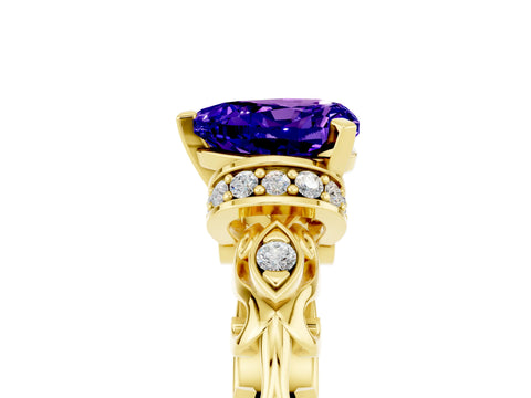 Yellow gold Heart Cut Tanzanite Solitaire Ring with Filigree Band and Four-Prong Setting_29