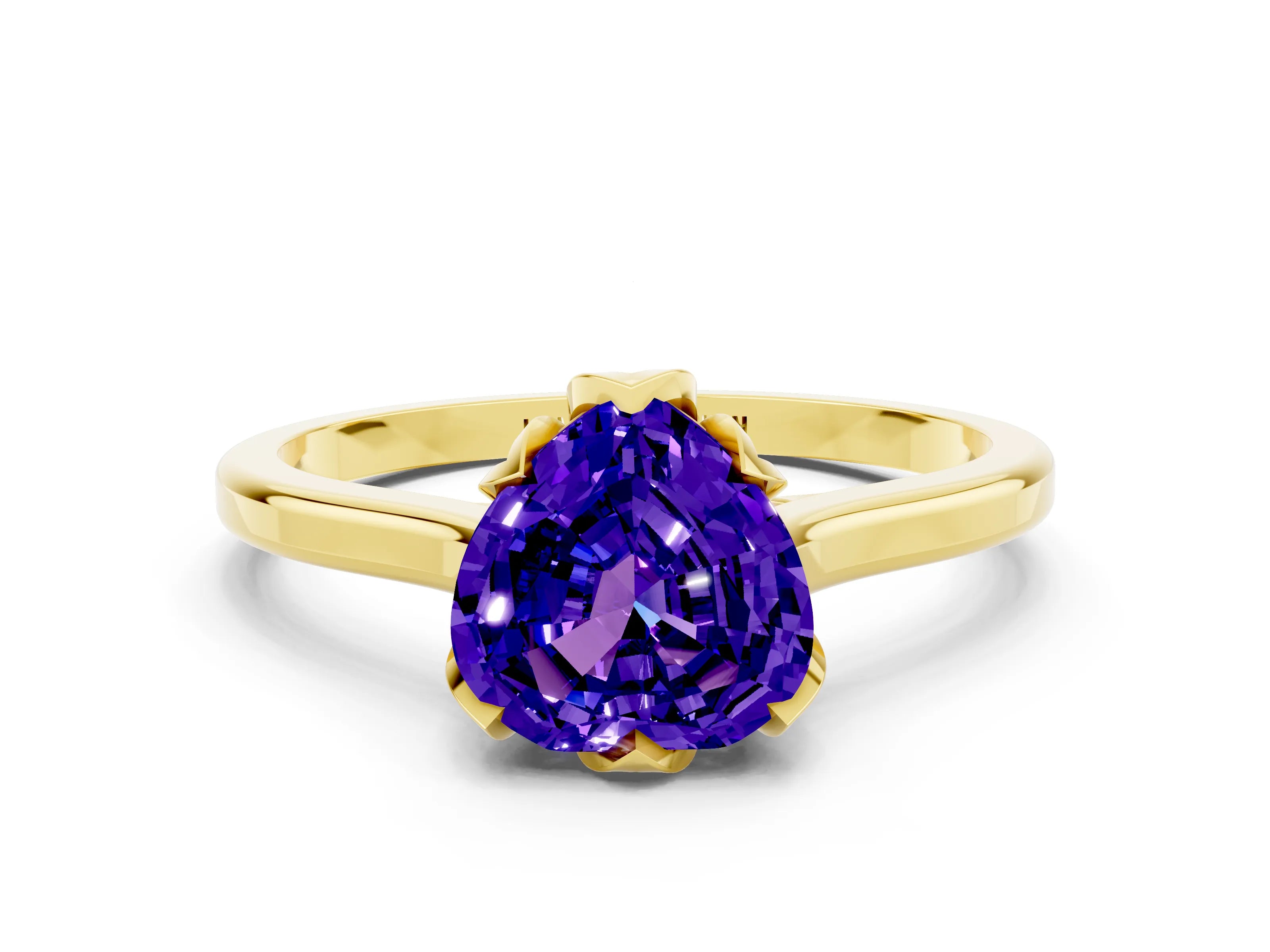 Yellow gold Heart Cut Tanzanite Solitaire Ring with Flower Prong Setting and Classic Band_12