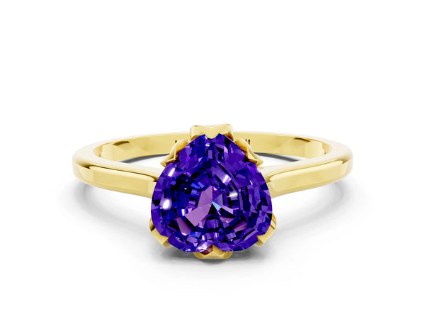 Yellow gold Heart Cut Tanzanite Solitaire Ring with Flower Prong Setting and Classic Band