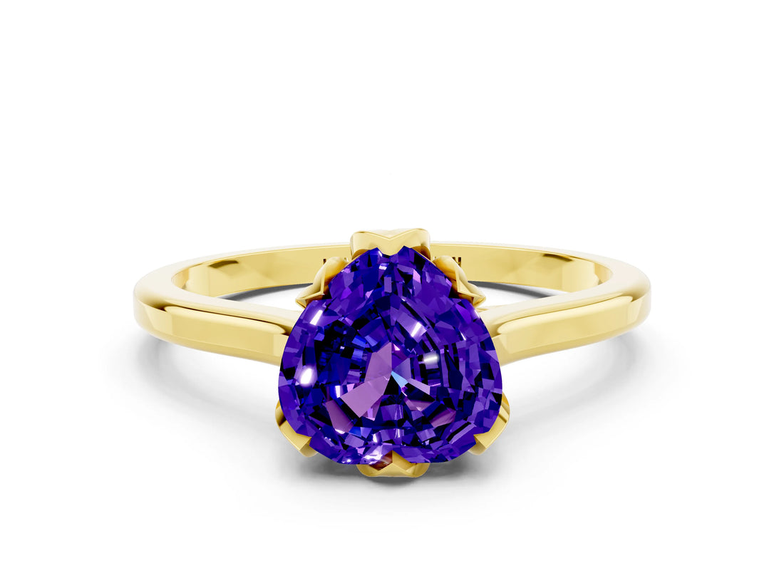 Yellow gold Heart Cut Tanzanite Solitaire Ring with Flower Prong Setting and Classic Band_12