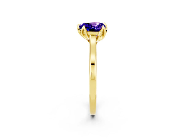 Yellow gold Heart Cut Tanzanite Solitaire Ring with Flower Prong Setting and Classic Band