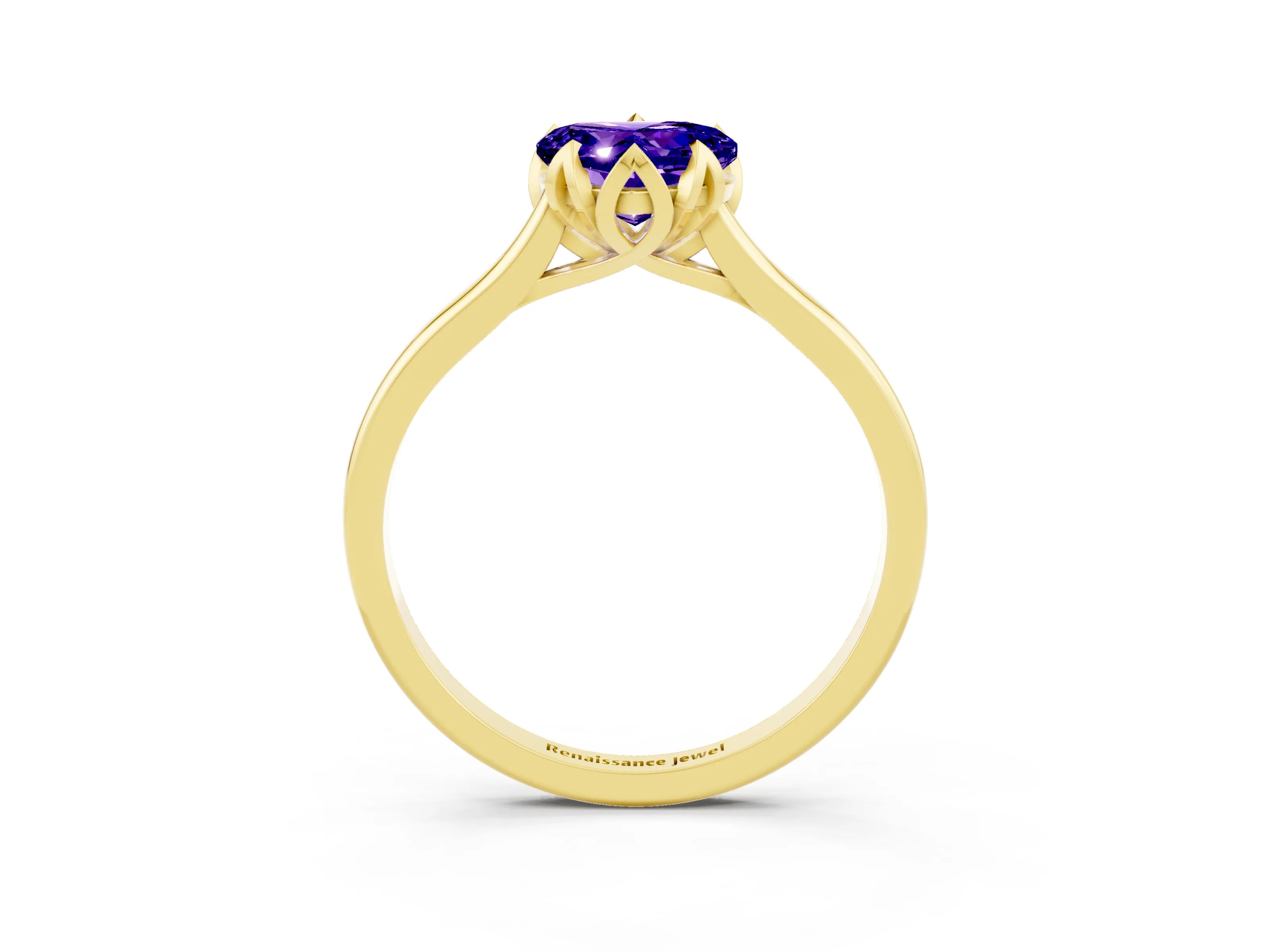 Yellow gold Heart Cut Tanzanite Solitaire Ring with Flower Prong Setting and Classic Band_15