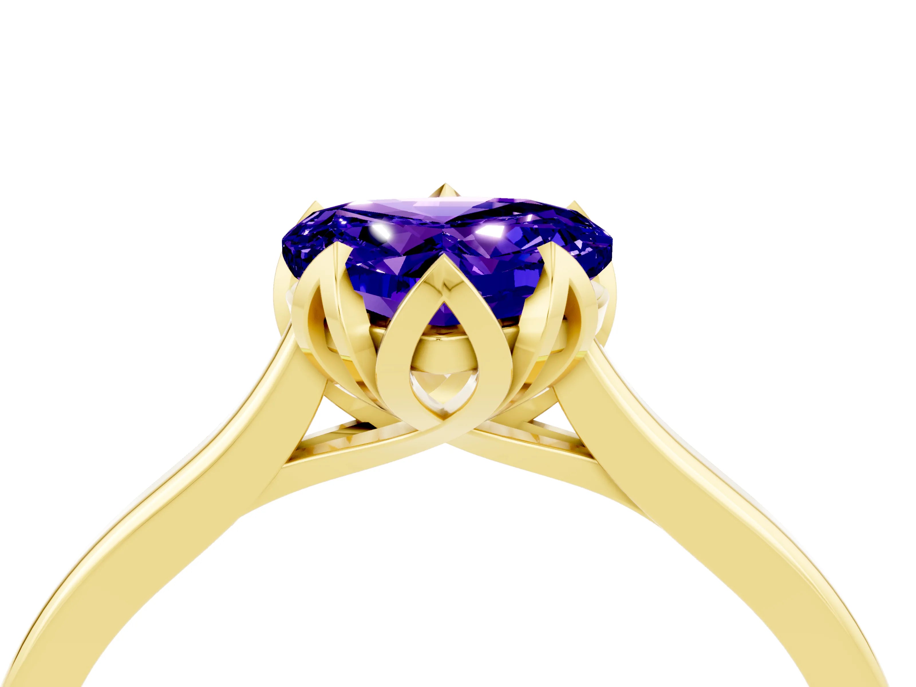 Yellow gold Heart Cut Tanzanite Solitaire Ring with Flower Prong Setting and Classic Band_16