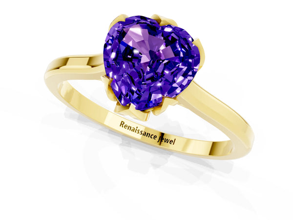 Yellow gold Heart Cut Tanzanite Solitaire Ring with Flower Prong Setting and Classic Band