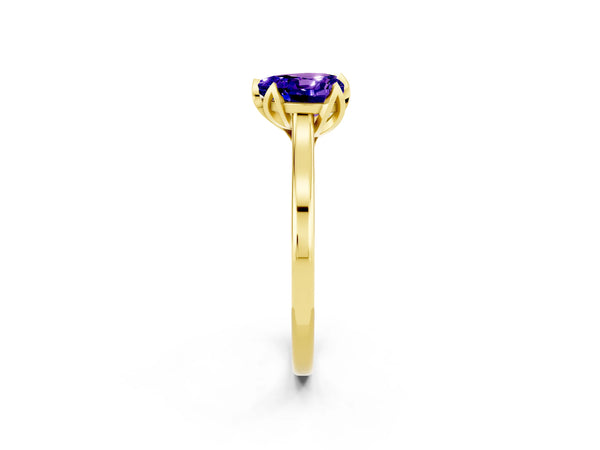 Yellow gold Heart Cut Tanzanite Solitaire Ring with Flower Prong Setting and Classic Band