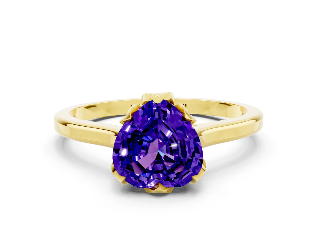 Yellow gold Heart Cut Tanzanite Solitaire Ring with Flower Prong Setting and Classic Band_36