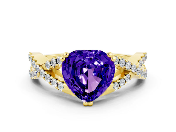 Yellow gold Heart Cut Tanzanite Solitaire Ring with Four-Prong Setting and Twisted Pavé Band