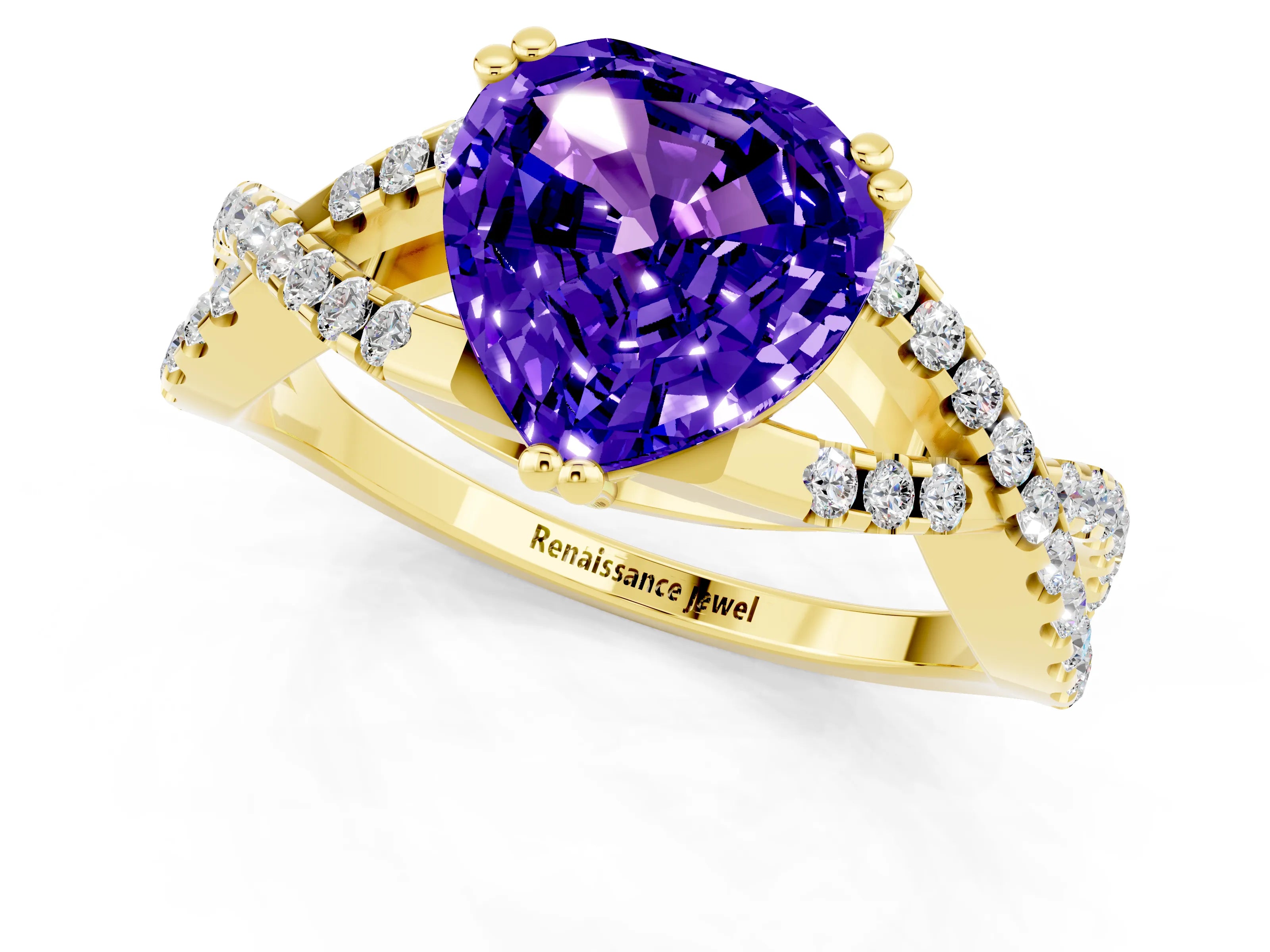 Yellow gold Heart Cut Tanzanite Solitaire Ring with Four-Prong Setting and Twisted Pavé Band_1