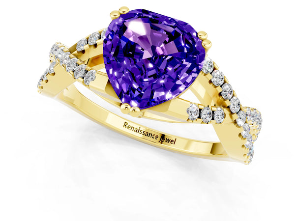 Yellow gold Heart Cut Tanzanite Solitaire Ring with Four-Prong Setting and Twisted Pavé Band