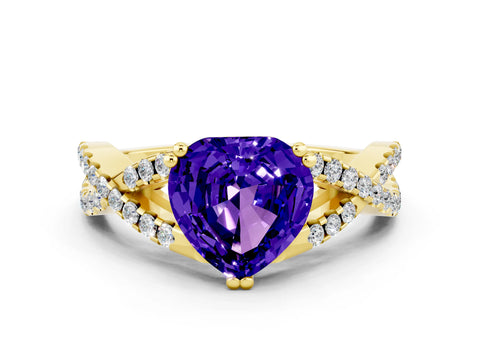 Yellow gold Heart Cut Tanzanite Solitaire Ring with Four-Prong Setting and Twisted Pavé Band