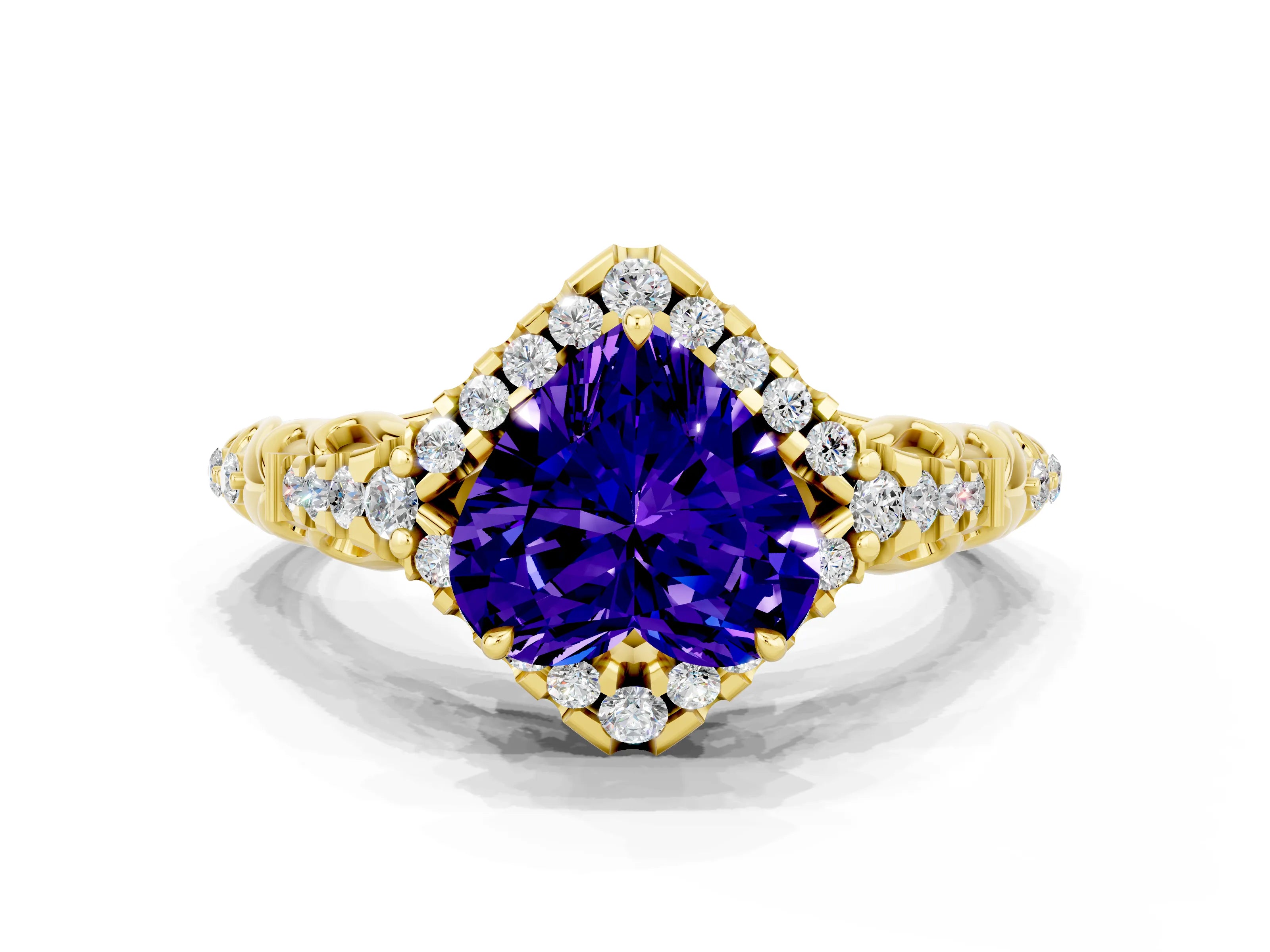 Yellow gold Heart Cut Tanzanite Solitaire Ring with Hidden Halo and Pavé Band_12