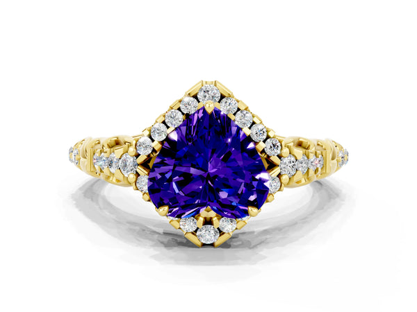 Yellow gold Heart Cut Tanzanite Solitaire Ring with Hidden Halo and Pavé Band