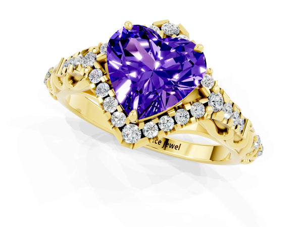 Yellow gold Heart Cut Tanzanite Solitaire Ring with Hidden Halo and Pavé Band