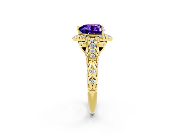 Yellow gold Heart Cut Tanzanite Solitaire Ring with Hidden Halo and Pavé Band
