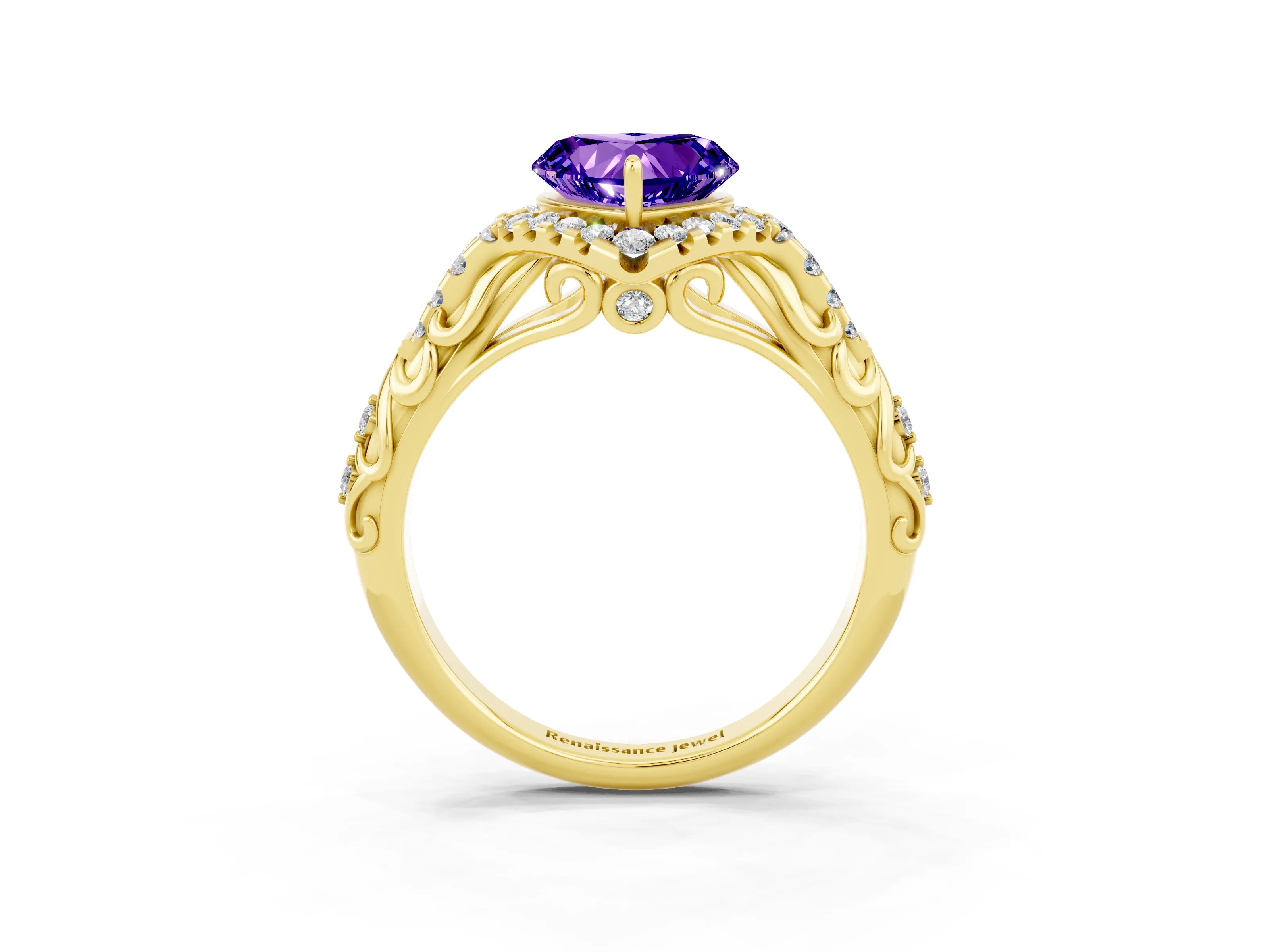 Yellow gold Heart Cut Tanzanite Solitaire Ring with Hidden Halo and Pavé Band_15